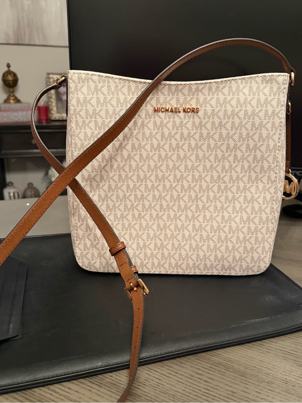 Michael Kors Cream Signature Crossbody with Brown Leather Strap